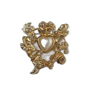 Rare Vintage Robert Rose Pearlescent Heart & Floral Rhinestoned Gold Tone Brooch